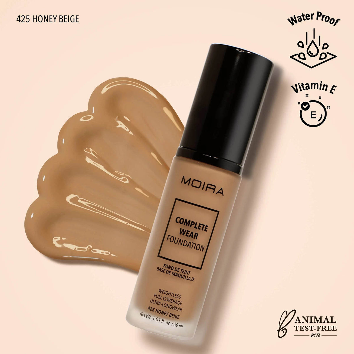 Fond de teint Complete Wear - 425 Honey Beige - 30 ml Moira Cosmetics