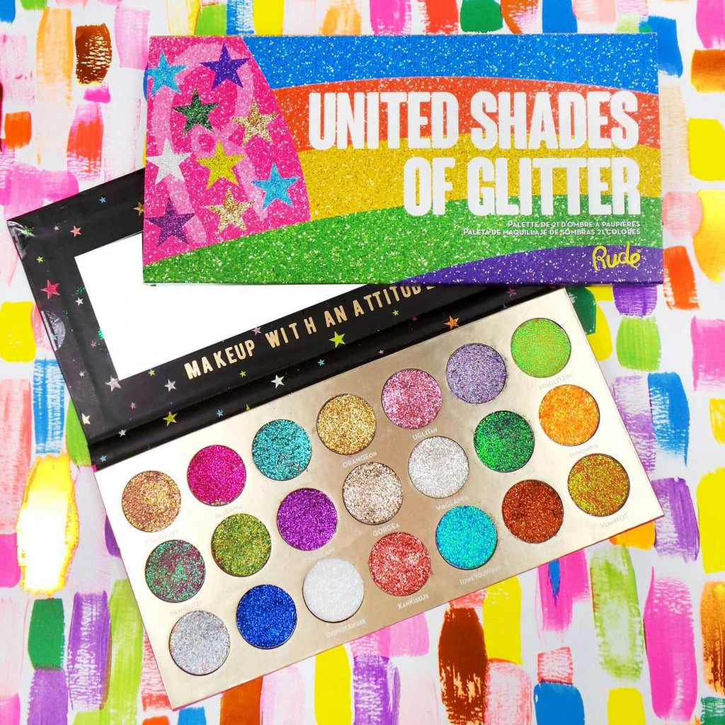 Palette de 21 fards à paupière - United Shades of Glitter - Rude Cosmetics