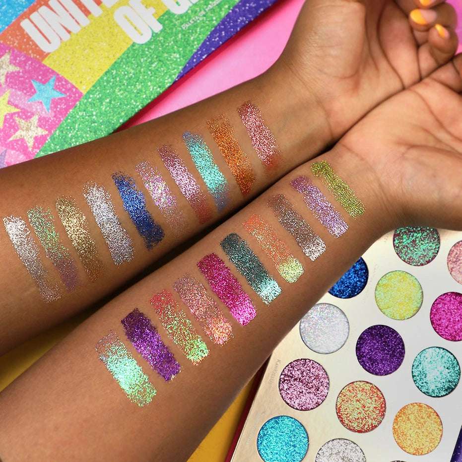 Swatches palette de 21 fards à paupière - United Shades of Glitter - Rude Cosmetics